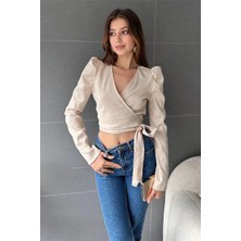 Fav Style Kadın Kruvaze Yaka Uzun Kollu Bağlama Detaylı Crop Bluz