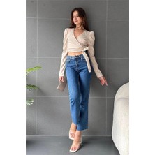 Fav Style Kadın Kruvaze Yaka Uzun Kollu Bağlama Detaylı Crop Bluz