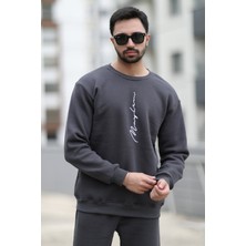 John Borners Erkek Polarlı Kışlık Sweatshirt Antrasit El Yazısı Nakışlı 3 İplik Şardonlu O Yaka - 10021