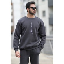 John Borners Erkek Polarlı Kışlık Sweatshirt Antrasit El Yazısı Nakışlı 3 İplik Şardonlu O Yaka - 10021