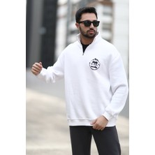 John Borners Erkek Ekru Yarım Fermuarlı Ön Arka John Borners Baskılı Sweatshirt - 10015