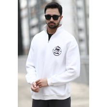 John Borners Erkek Ekru Yarım Fermuarlı Ön Arka John Borners Baskılı Sweatshirt - 10015