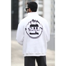 John Borners Erkek Ekru Yarım Fermuarlı Ön Arka John Borners Baskılı Sweatshirt - 10015