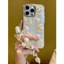 Paladyum Case iPhone 16 Pro Uyumlu Lux Işıltılı Inci Charmlı Kalpli Kılıf