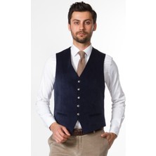 MCR Düz Lacivert Renk Slim Fit Metal Düğmeli Klasik Kadife Erkek Yelek