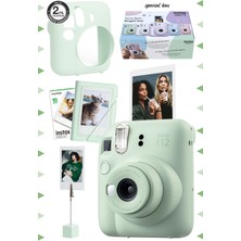 10 - 15 Mp Instax Mini 12 Yeşil Fotoğraf Makinesi-10'lu Film-Kıskaçlı Stand-Mini Albüm ve Silikon K