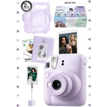 Mor Instax Mini 12 Lila Fotoğraf Makinesi-10'lu Film-Kıskaçlı Stand-Pvc Albüm ve Simli Pleksi Kılıf