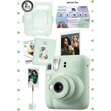 10 - 15 Mp Instax Mini 12 Yeşil Fotoğraf Makinesi-10'lu Film-Kıskaçlı Stand-Pvc Albüm ve Simli Plek