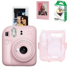 Pembe Instax Mini 12 Fotoğraf MAKINESI-10LU Film-Simli Pleksi Kılıf ve Mıknatıslı Çerçeve Seti 2 Pe