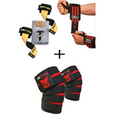 Dex Supports Fitness Sporcu Bilekliği Wrist Wraps + Ağırlık Kaldırma Kayışı T-Grips Lifting Straps + Antrenman Dizliği Knee Wraps Elite 3'lü Paket