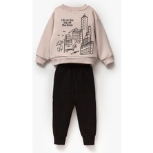 Magu Erkek Çocuk Araba Desenli Kışlık 3 Iplik Şardonlu Pamuklu Sweatshirt Eşofman Alt-Üst Takım