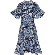 Frm Yeni Rahat Casual Günlük Viskon Dokuma Gömlek Yaka Kısa Kol A-Line Maxi Boy Büyük Beden Elbise