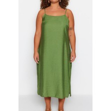 Frm Yeni Fit Casual Günlük Shally Dokuma Kare Yaka Askılı Kol Shift Midi Boy Büyük Beden Elbise