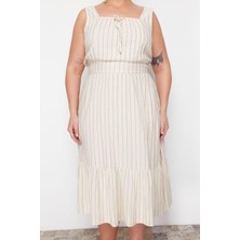 Frm Yeni Rahat Keten Karışımlı Dokuma Kare Yaka Kısa Kol Eteği Fırfırlı Midi Boy Büyük Beden Elbise