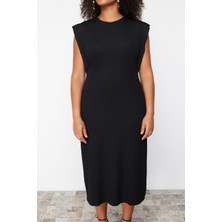 Frm Yeni Slim Casual Günlük Interlok Örme Bisiklet Yaka Kısa Kol Shift Midi Boy Büyük Beden Elbise