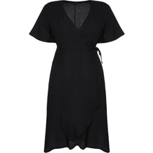 Frm Yeni Rahat Casual Günlük Shally Dokuma Kruvaze Kısa Kol Anvelop Midi Boy Büyük Beden Elbise