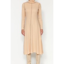 Frm Yeni Regular Casual Günlük Selanik Örme Dik Yaka Uzun Kol A-Line Midi Boy Elbise