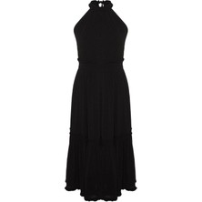 Frm Yeni Rahat Casual Günlük Crinkle Dokuma Bisiklet Yaka Kolsuz Kol A-Line Midi Boy Büyük Beden Elbise