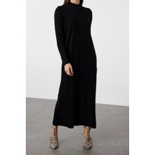 Frm Yeni Rahat Casual Günlük Saç Örgü Triko Yarım Balıkçı Yaka Uzun Kol Shift Maxi Boy Tesettür Elbise