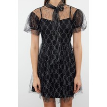 Frm Yeni Fit Mezuniyet Balo Tül Dokuma Dik Yaka Kısa Kol Skater Mini Boy Elbise