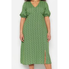 Frm Yeni Rahat Casual Günlük Shally Dokuma V Yaka Kısa Kol A-Line Midi Boy Büyük Beden Elbise