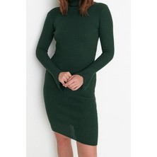 Frm Yeni Slim Casual Günlük Fitilli Triko Balıkçı Yaka Uzun Kol Bodycone Mini Boy Elbise