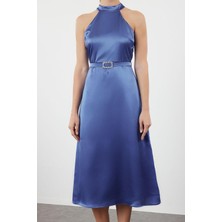 Frm Yeni Fit Mezuniyet Balo Saten Dokuma Dik Yaka Kolsuz Kol Skater Midi Boy Elbise