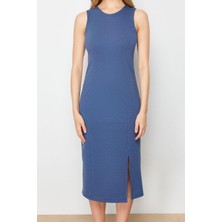 Yeni Slim Business Interlok Örme Bisiklet Yaka Kolsuz Kol Bodycone Midi Boy Elbise