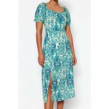 Frm Yeni Regular Casual Günlük Moss Krep Dokuma Kalp Yaka Kısa Kol A-Line Midi Boy Elbise