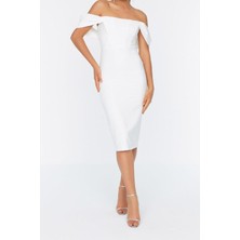 Frm Yeni Fit Mezuniyet Balo Finike Dokuma Carmen Yaka Kısa Kol Bodycone Midi Boy Elbise