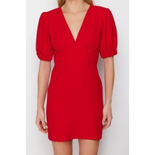 Frm Yeni Regular Gündüz Gece Finike Dokuma V Yaka Kısa Kol A-Line Mini Boy Elbise