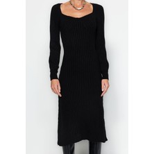 Frm Yeni Slim Casual Günlük Tek Plaka Triko Kalp Yaka Uzun Kol Basic Midi Boy Elbise