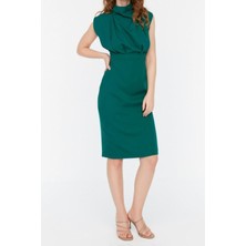 Frm Yeni Slim Gündüz Gece Finike Dokuma Dik Yaka Kolsuz Kol Bodycone Midi Boy Elbise