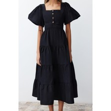 Frm Yeni Regular Casual Günlük Terrycotton Dokuma Kare Yaka Kısa Kol Skater Maxi Boy Elbise