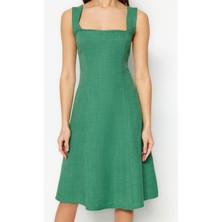 Frm Yeni Regular Casual Günlük Aerobin Dokuma Kare Yaka Kolsuz Kol A-Line Mini Boy Elbise