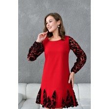 Zishan Fashion Kollar Ve Etek Ucu Tül Ve Kabartma Desenli Sıfır Yaka Midi Kadın Abiye Elbise 903