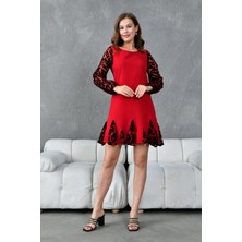Zishan Fashion Kollar Ve Etek Ucu Tül Ve Kabartma Desenli Sıfır Yaka Midi Kadın Abiye Elbise 903