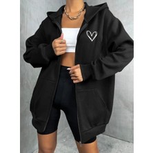 Amor Man Büyük Beden Özel Tasarım Kapüşonlu Tam Fermuarlı Kalp Baskılı Oversize Kışlık Kadın Sweatshırt