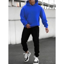 Amor Man Büyük Beden Özel Tasarım Kapüşonlu Mavi-Siyah Kışlık Oversize Battal Erkek Eşofman Takımı