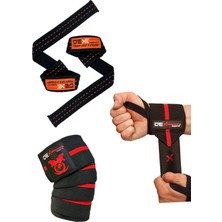 Dex Supports Fitness Sporcu Bilekliği Wrist Wraps Elite + Ağırlık Kaldırma Kayışı Lifting Straps Turuncu + Antrenman Dizliği Knee Wraps Elite 3'lü Paket