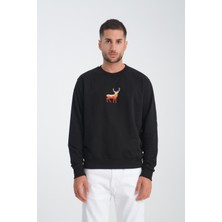 Jimback Deer Erkek Yuvarlak Yakalı Nakışlı Siyah Sweatshirt