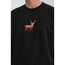 Jimback Deer Erkek Yuvarlak Yakalı Nakışlı Siyah Sweatshirt