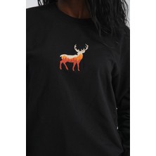 Jimback Deer Kadın Yuvarlak Yakalı Nakışlı Siyah Sweatshirt