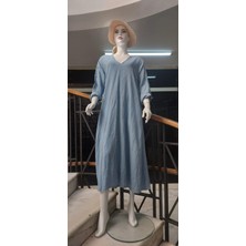 Italyan V Yaka Uzun Kol Keten Elbise