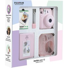 10 - 15 Mp Instax Mini 12 Pembe Fotoğraf Makinesi 10'lu Film Simli Pleksi Kılıf Pvc Albüm ve Kıskaç