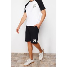 FRM Erkek  Pamuk Bisiklet Yaka Kısa Kol Beyaz Nakışlı Reglan Kol Örme Şortlu Pijama Takımı