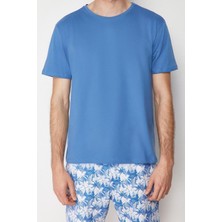 FRM Erkek  Pamuk Bisiklet Yaka Kısa Kol Regular Fit Palmiye Baskılı Şortlu Pijama Takımı