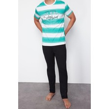 FRM Erkek  Pamuk Bisiklet Yaka Kısa Kol Regular Fit Çizgili Örme Pijama Takımı