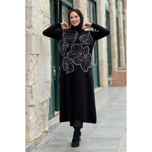 Simli Çiçek Işleme Detaylı Triko Tunik 18191 Siyah-Gümüş