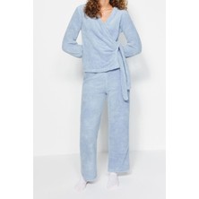 FRM Kadın Polyester Kruvaze Uzun Kol Kruvaze Yaka Wellsoft Gömlek-Pantolon Örme Pijama Takımı